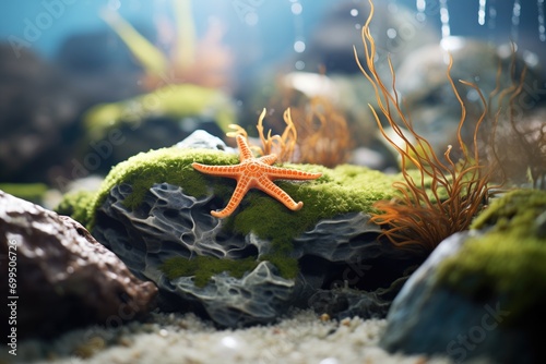 starfish clinging to a rock surrounded by seaweed