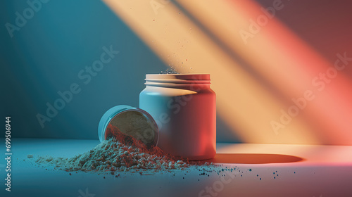 Mockup of round jar of creatine powder health supplement. Sports supplement packaging template on flat background with copy space for text.
