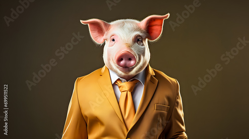 Funny pig in a yellow suit and tie on a dark background