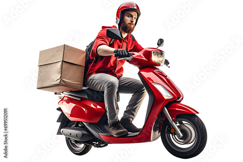 Young courier, delivery man wearing casual dress with thermo box backpack on red motor scooter moped isolated on blue background. Fast transport express home food delivery. Online order.