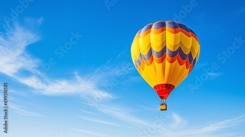 Colored hot air balloon on a clear blue sky with few clouds 