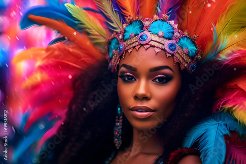 A stunning woman adorned in a vibrant carnival ensemble, accentuated with colorful feathers