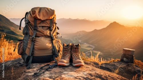 Close-up of hiking and camping gear, backpacks, water bottles, and leather ankle boots. Behind is a mountain with some mist. at sunset telephoto lens natural lighting