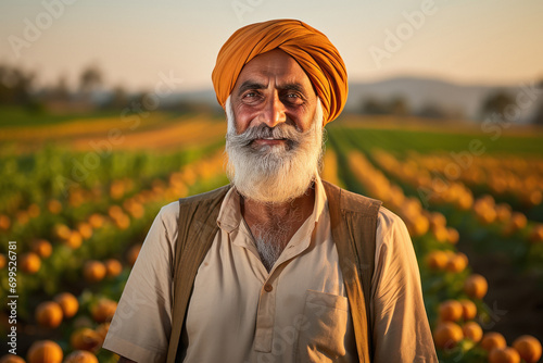 senior Indian farmer standing at agriculture field