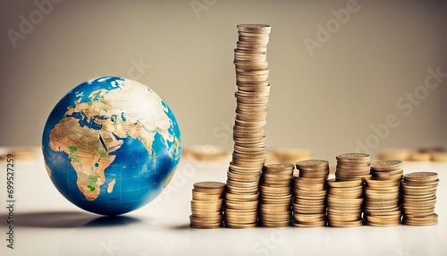 Globe and stack with coins. Money makes the world go round