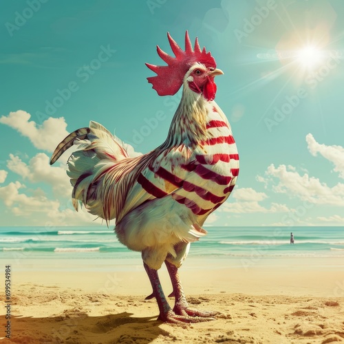 White rooster with red stripes on the beach. Toned.