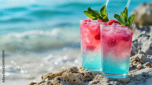 Holiday banner: two cocktail glasses on beach. Travel vacation on beach bar. Summer drinks with blur beach background with copy space Alcohol cocktails with ocean view, nightlife at club..