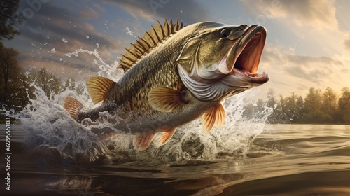 Huge-mouthed bass leaping from the sea.
