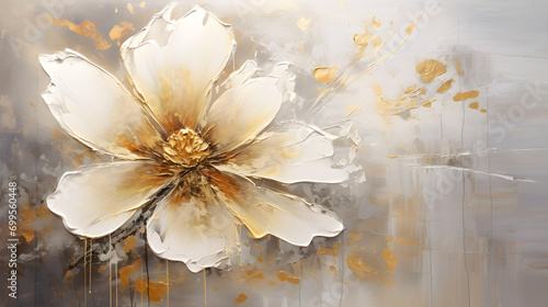 Abstract oil painting art. Flower and leaves painting. Elegant White, golden and silver. wallpapers, banners, posters, cards, murals, rugs, wall hanging paintings. generative ai 