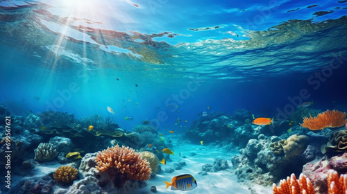 Underwater view of a colorful sea coral reef with fishes. Ocean ecosystem. Generative AI