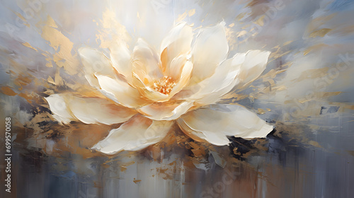 Abstract oil painting art. Flower and leaves painting. Elegant White, golden and silver. wallpapers, banners, posters, cards, murals, rugs, wall hanging paintings. generative ai 