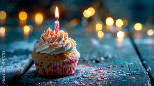Cupcake mit Kerze zum Geburtstag, Geburtstagskarte, Platz für Text, generative AI 