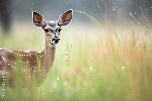 dew-covered grass with impala in background