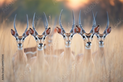 group of impalas alert, ears pricked, at dusk