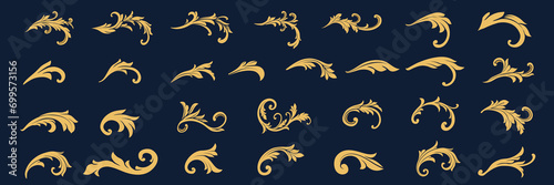 Flourishes Calligraphic Ornaments. Gold Vintage Decorations Elements. Baroque, arabesque, Damask, victorian, floral leaf pattern, Filigree elegant ornamental.