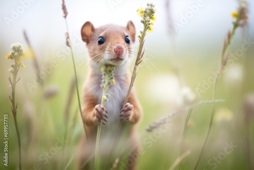 stoat holding a field mouse in its mouth amid wildflowers