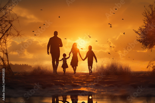 Happy large family: mother, father, children son and daughters running on nature on sunset