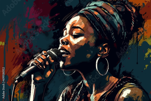 Afro American woman singing into a microphone, Jazz, painted in watercolor on textured paper. Digital watercolor painting