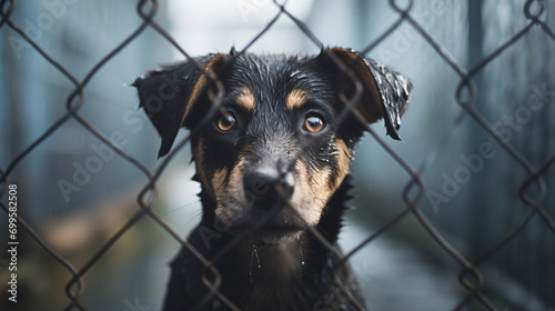 Homeless dog waiting for adoption in shelter cage