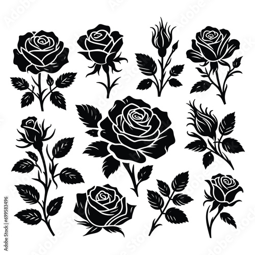 Set of roses silhouettes isolated on a white background, Vector illustration.