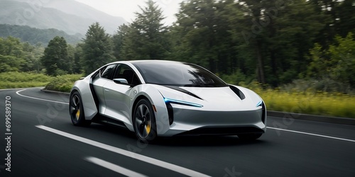 A futuristic EV car running in the forest with motion blur and copy space. Sustainable concept.
