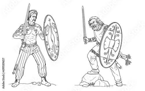 Celtic warriors on the attack. Drawing with Roman enemies.