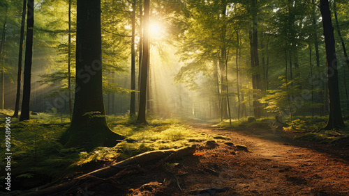 A photo of a beautiful forest and the rays of the sun breaking through the trees. Evening time. 