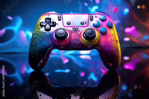 A vibrant neon gamepad, featuring an abstract game console with buttons and joysticks.