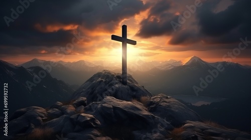 Holy cross on top of mountain at sunset or sunrise symbolizing the death and resurrection of Jesus Christ . Hill is shrouded in light and clouds, horizontal background, Religion, Christianism concept