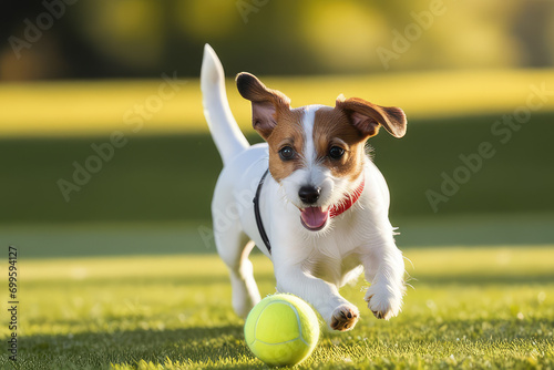 Cute jack russell terrier running and bringing a tennis ball.Dog enjoys playing ball concept of active plays with pets.Generative AI 