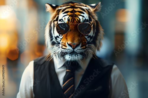 A portrait of anthropomorphic tiger wearing black vest and sunglasses