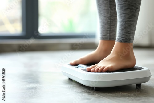 Women's feet on the scales, the problem of excess weight. 