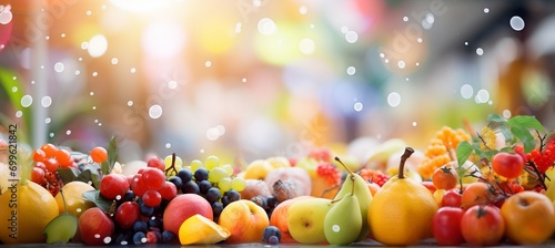 Vibrant farmers market with softly blurred bokeh background, fresh fruits and colorful beverages