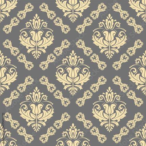 Classic seamless vector pattern. Damask orient ornament. Classic vintage gray golden background. Orient pattern for fabric, wallpapers and packaging