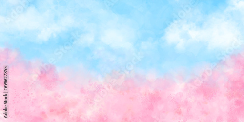 雲と青空と桜をイメージした水彩背景, 春の抽象的なグラデーションイラスト