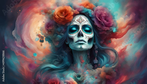 Portrait of queen of the dead in an abstract colorful flowery background