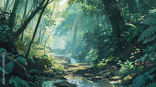 illustration of a mystical forest in Central Java with hidden Javanese spirits.