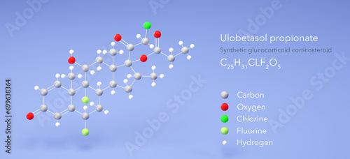 ulobetasol propionate molecule, molecular structures, synthetic glucocorticoid corticosteroid, 3d model, Structural Chemical Formula and Atoms with Color Coding