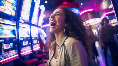 woman playing slot machines at the casino. gambling addiction