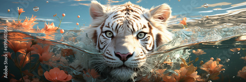 Tigre albino dentro da agua com flores - Fundo de tela Panorama