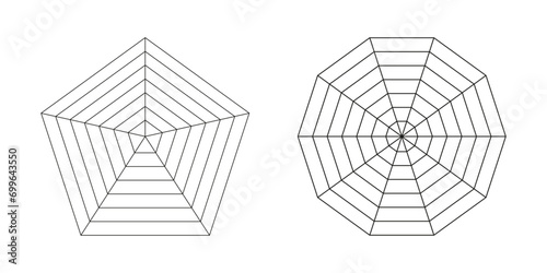Pentagon graph. Set of polygon radar spider templates. Spider mesh. Collection of blank radar charts. Flat web diagrams for statistic, analytics. Vector outline illustration. Eps.
