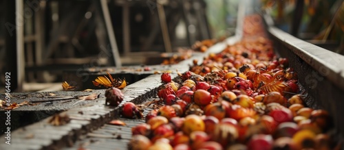 Palm oil fruit falls to conveyor in mill at East Kalimantan.