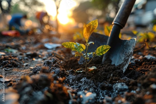 Planting trees, digging the ground with shovel to plant seedlings, nature conservation, against deforestation, ecosystem conservation, respect for nature