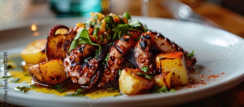 Classic Portuguese dish featuring grilled octopus, potatoes, garlic, and salsa.