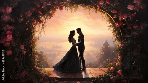 Wedding couple in arch of roses at sunset. Digital painting