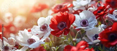 Spring garden blossoms with red gradient anemone flowers.