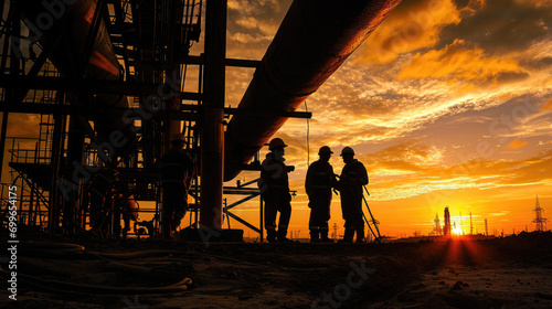 A silhouette of workers inspecting pipelines at dawn