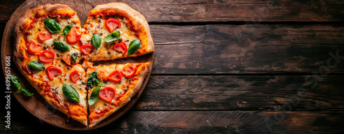Flat lay view of pizza in shape of romantic heart, in the stile of valentine` s day, on dark wooden table