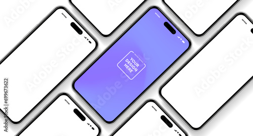 3D realistic high quality smartphone mockup with isolated background. Smart phone mockup collection. Device front view. 3D mobile phone with shadow on white background.