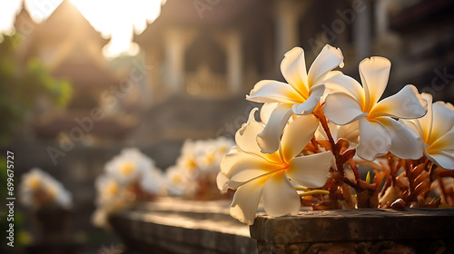 The timeless beauty of white Frangipani flowers gracing a historical temple, bathed in the warm hues of early morning sunlight. Generative Ai